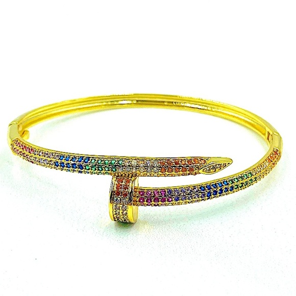 Gold Nail Multicolor Zircon Bangle Screw Tack Bracelet - Picture 6 of 7